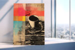 Silkscreen coffee cup over pop art color-block collage in coral red, sky blue and amber, bold mixed-media canvas