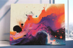 Fluid abstract pour painting in orange-red, magenta and deep purple, bold contemporary canvas for living room