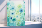 Translucent watercolor flowers on teal stems with paint splatters, pastel botanical wall art for bedroom or living room