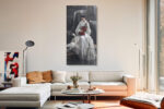 Woman in white kimono with crimson cello and white crane by waterfall, japandi portrait wall art canvas for bedroom