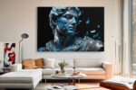 Fragmenting Greco-Roman bust in cerulean blue and black, dramatic digital art canvas for living room or home office