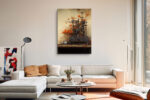 Antique industrial machine with vivid orange flowers and bare branches, warm earthy tones, eclectic wall art canvas print