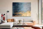Abstract navy and gold leaf texture with horizontal brushstroke bands, bold mixed-media canvas wall art for living room