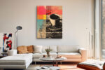 Silkscreen coffee cup over pop art color-block collage in coral red, sky blue and amber, bold mixed-media canvas