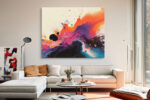 Fluid abstract pour painting in orange-red, magenta and deep purple, bold contemporary canvas for living room