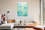 Translucent watercolor flowers on teal stems with paint splatters, pastel botanical wall art for bedroom or living room