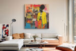 Woman in yellow blazer, mixed-media collage portrait with vivid orange, pink and blue, contemporary wall art canvas