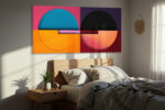 Two bisected circles on a color-block background in vivid orange, teal and deep purple u2014 bold geometric abstract wall art