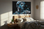 Fragmenting Greco-Roman bust in cerulean blue and black, dramatic digital art canvas for living room or home office