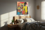 Woman in yellow blazer, mixed-media collage portrait with vivid orange, pink and blue, contemporary wall art canvas