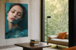 Close-up woman's face with teal sculptural material, deep teal and peach digital art portrait canvas for bedroom