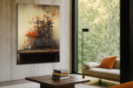 Antique industrial machine with vivid orange flowers and bare branches, warm earthy tones, eclectic wall art canvas print
