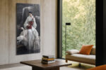 Woman in white kimono with crimson cello and white crane by waterfall, japandi portrait wall art canvas for bedroom