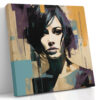 Woman's face with geometric blocks and paint brushstrokes in teal, purple and gold u2014 mixed-media portrait canvas wall art