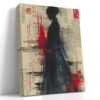 Female silhouette in flowing hanfu against Chinese script and crimson ink, dramatic mixed-media portrait wall art