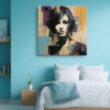 Woman's face with geometric blocks and paint brushstrokes in teal, purple and gold u2014 mixed-media portrait canvas wall art