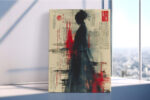 Female silhouette in flowing hanfu against Chinese script and crimson ink, dramatic mixed-media portrait wall art
