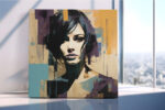 Woman's face with geometric blocks and paint brushstrokes in teal, purple and gold u2014 mixed-media portrait canvas wall art