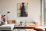Female silhouette in flowing hanfu against Chinese script and crimson ink, dramatic mixed-media portrait wall art