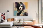 Woman's face with geometric blocks and paint brushstrokes in teal, purple and gold u2014 mixed-media portrait canvas wall art