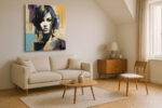 Woman's face with geometric blocks and paint brushstrokes in teal, purple and gold u2014 mixed-media portrait canvas wall art