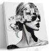 Woman's profile with pixelated mosaic tile overlay, high-contrast monochrome mixed-media portrait canvas for living room