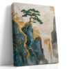 Embroidered pine tree on teal cliff with cascading waterfall in gold and ivory, japandi wall art canvas for bedroom