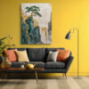Embroidered pine tree on teal cliff with cascading waterfall in gold and ivory, japandi wall art canvas for bedroom