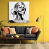 Woman's profile with pixelated mosaic tile overlay, high-contrast monochrome mixed-media portrait canvas for living room
