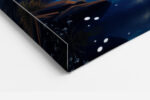 Starry night mountain river with glowing cyan celestial swirl, deep cobalt blue sky, digital art canvas for living room