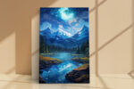 Starry night mountain river with glowing cyan celestial swirl, deep cobalt blue sky, digital art canvas for living room