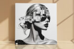 Woman's profile with pixelated mosaic tile overlay, high-contrast monochrome mixed-media portrait canvas for living room