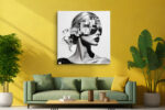 Woman's profile with pixelated mosaic tile overlay, high-contrast monochrome mixed-media portrait canvas for living room