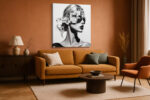 Woman's profile with pixelated mosaic tile overlay, high-contrast monochrome mixed-media portrait canvas for living room