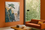 Embroidered pine tree on teal cliff with cascading waterfall in gold and ivory, japandi wall art canvas for bedroom