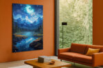 Starry night mountain river with glowing cyan celestial swirl, deep cobalt blue sky, digital art canvas for living room