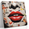 Oversized red lips and halftone nose on newsprint collage background, pop art mixed media canvas for eclectic living room