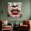 Oversized red lips and halftone nose on newsprint collage background, pop art mixed media canvas for eclectic living room