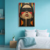 Woman's face with geometric blindfold, vivid red and near black, bold portrait oil painting for living room