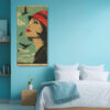 Woman in profile with red hat and flying birds, vintage halftone illustration canvas print for living room or bedroom