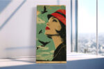Woman in profile with red hat and flying birds, vintage halftone illustration canvas print for living room or bedroom
