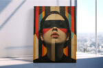 Woman's face with geometric blindfold, vivid red and near black, bold portrait oil painting for living room