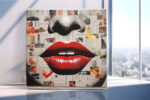 Oversized red lips and halftone nose on newsprint collage background, pop art mixed media canvas for eclectic living room