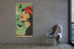 Woman in profile with red hat and flying birds, vintage halftone illustration canvas print for living room or bedroom