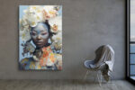 Face-painted figure with white orchid and peach rose headdress in powder blue tones, romantic bohemian portrait canvas