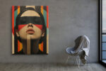 Woman's face with geometric blindfold, vivid red and near black, bold portrait oil painting for living room