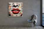 Oversized red lips and halftone nose on newsprint collage background, pop art mixed media canvas for eclectic living room