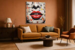 Oversized red lips and halftone nose on newsprint collage background, pop art mixed media canvas for eclectic living room