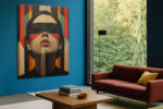 Woman's face with geometric blindfold, vivid red and near black, bold portrait oil painting for living room