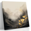 Golden poppy flowers and ink wash mountain mist in charcoal and gold, dramatic mixed-media wall art for living room